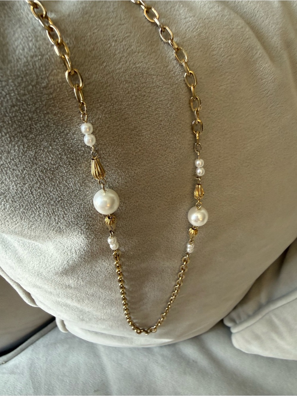 Elegant Gold Tone Pearl Station Necklace - White Pearls